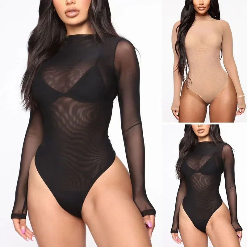 Sexy Mesh See-Through Bodysuit Women Long Sleeve Sheer Bodysuits High Neck Bodycon Jumpsuit See-Through Romper