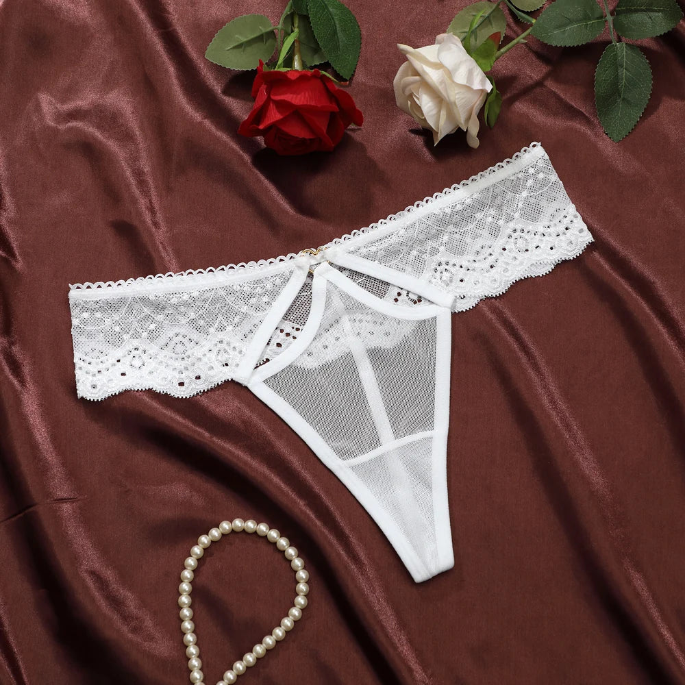 Sexy Women Flower Embroidery Open Hole Thong Transparent Lace-Trim Underwear Low Waist Perspective Women's Panties