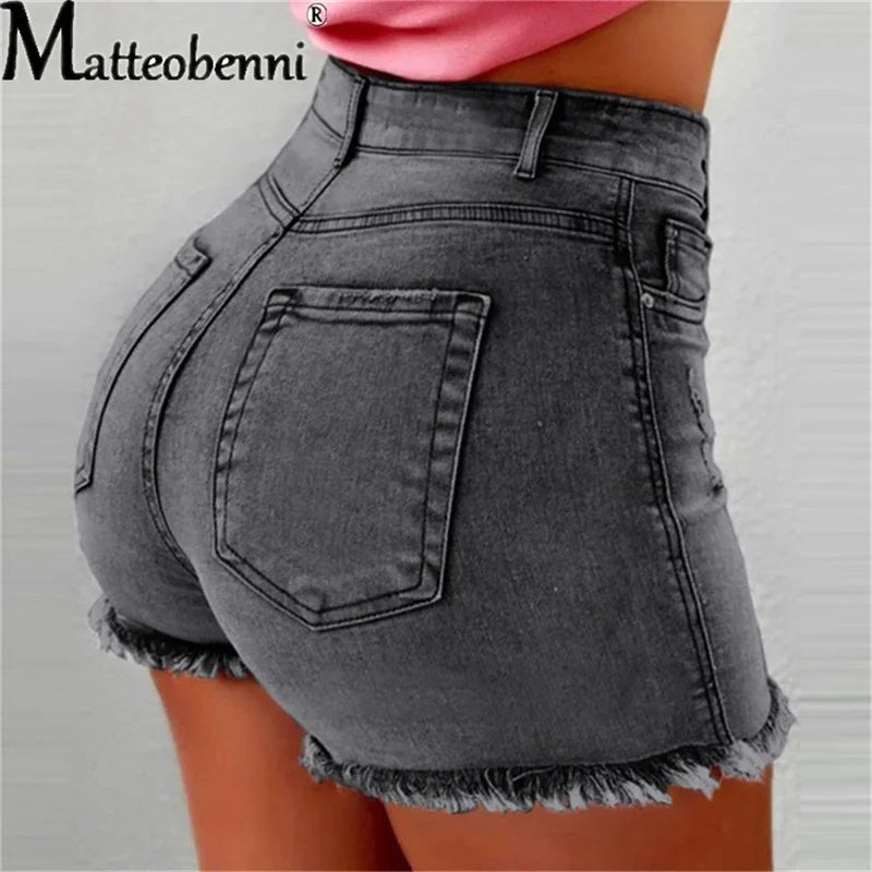 2024 Women High Waist Denim Shorts Ripped Hole Bodycon Short Feminino Jean Shorts With Tassel Summer Casual Streetwear