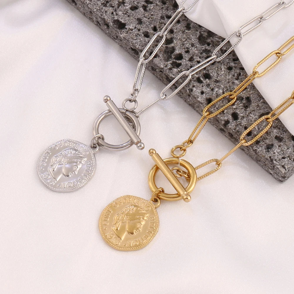 Coin Necklace For Women Stainless Steel Toggle Clasp Choker Gold/Silver Color Metal Elizabeth Coin Round Collier Femme Jewelry