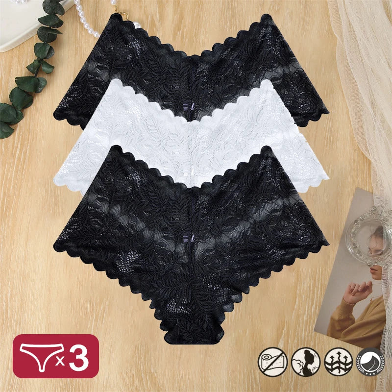 3PCS Women Sexy Lace Panties Floral Perspective Uderwear Solid Color Intimates Boyshort Female V-Waist Breathablle Soft Lingerie