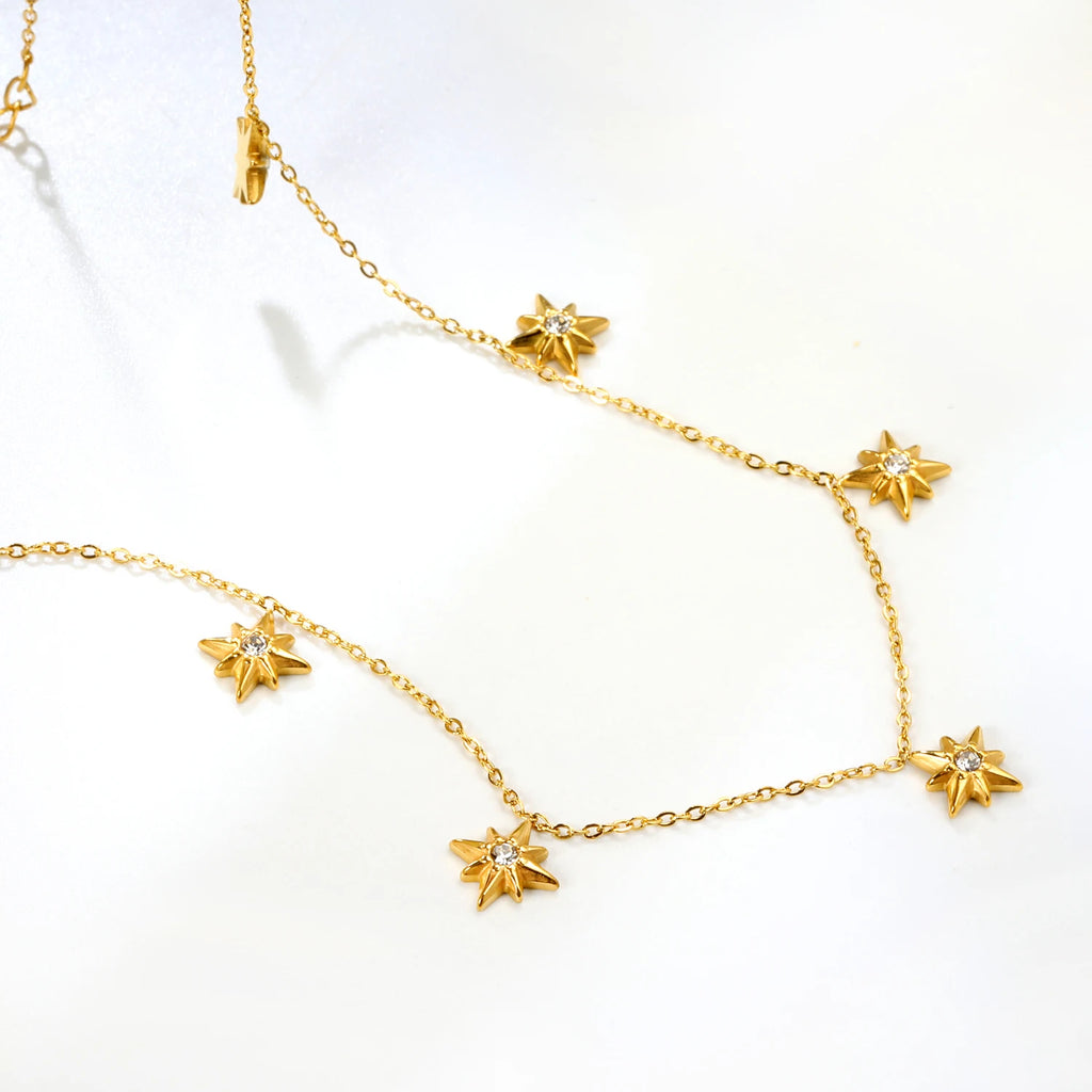 LUXUKISSKIDS Trendy Korean 5 Stars Charms Clavicle Choker Steel Fairy Woman Eight-Pointed Star with Shiny Zirconia Necklace