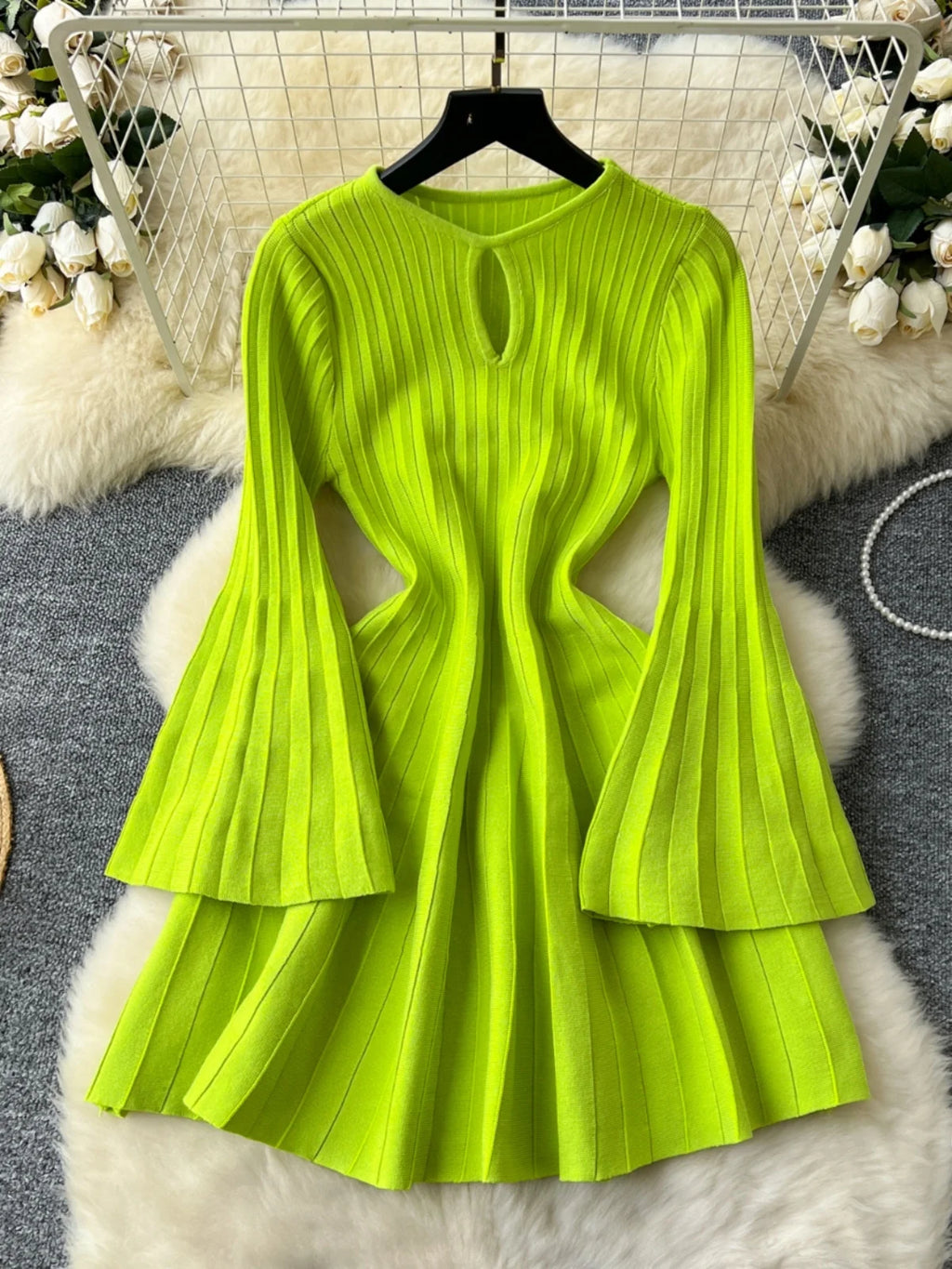 Ele Knitted Dr Hollow Out Round Neck Bell Sleeve A-Line Sweater Dress High Waist Slimming Midi Dress Autumn Fashion