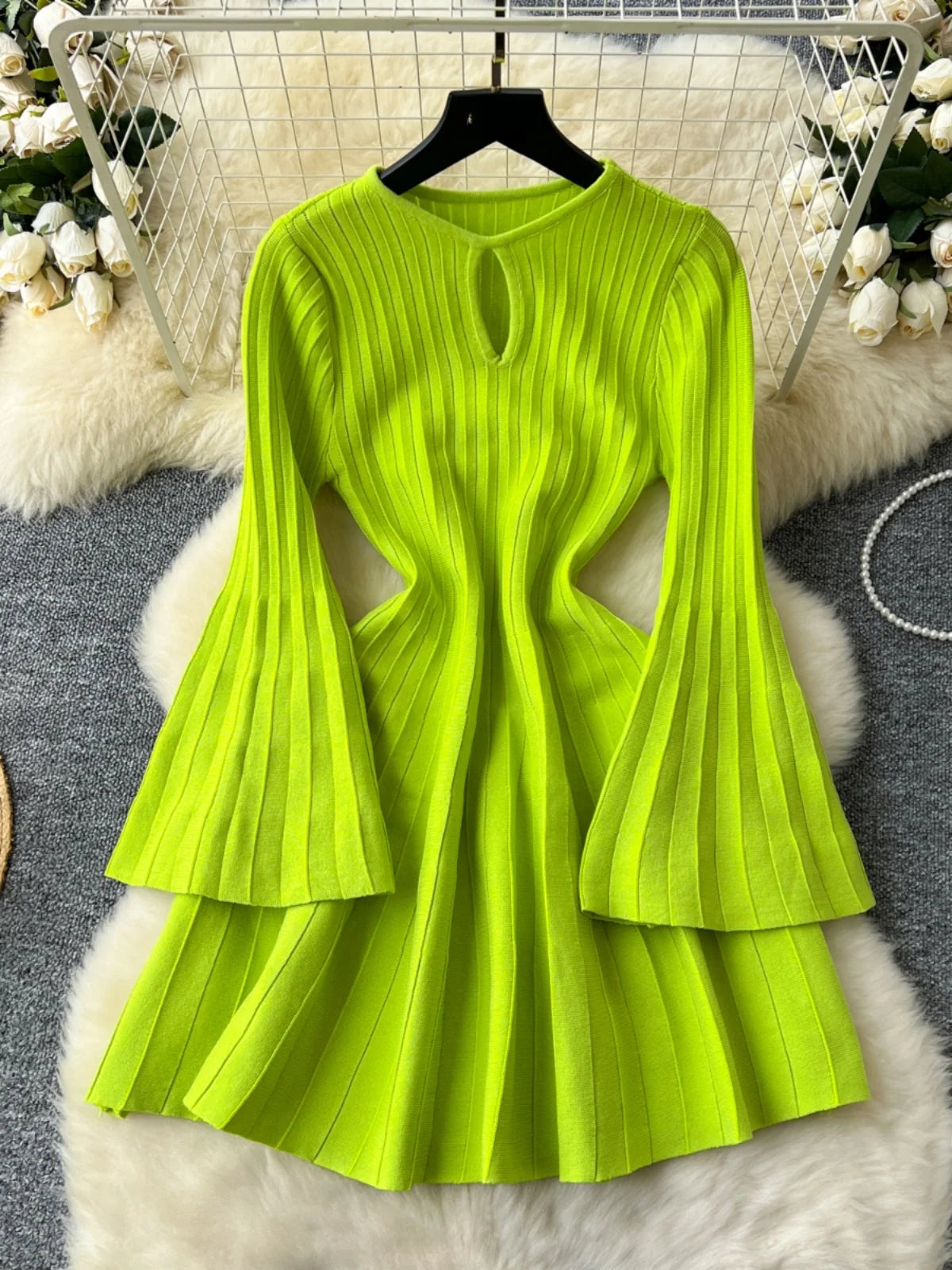 Ele Knitted Dr Hollow out round Ne Bell Sve A-Line Sweater Dr High Waist Slimming Midi Dr Autumn Faion