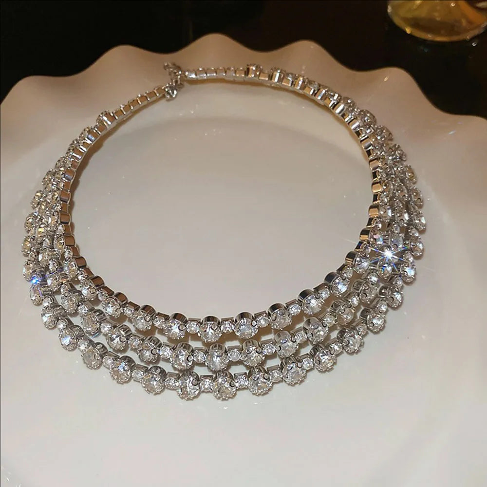 Multi-layer Crystal-encrusted Collar Necklace Niche Unique Collarbone Chain Fashionable Light Luxury And High-end Jewelry