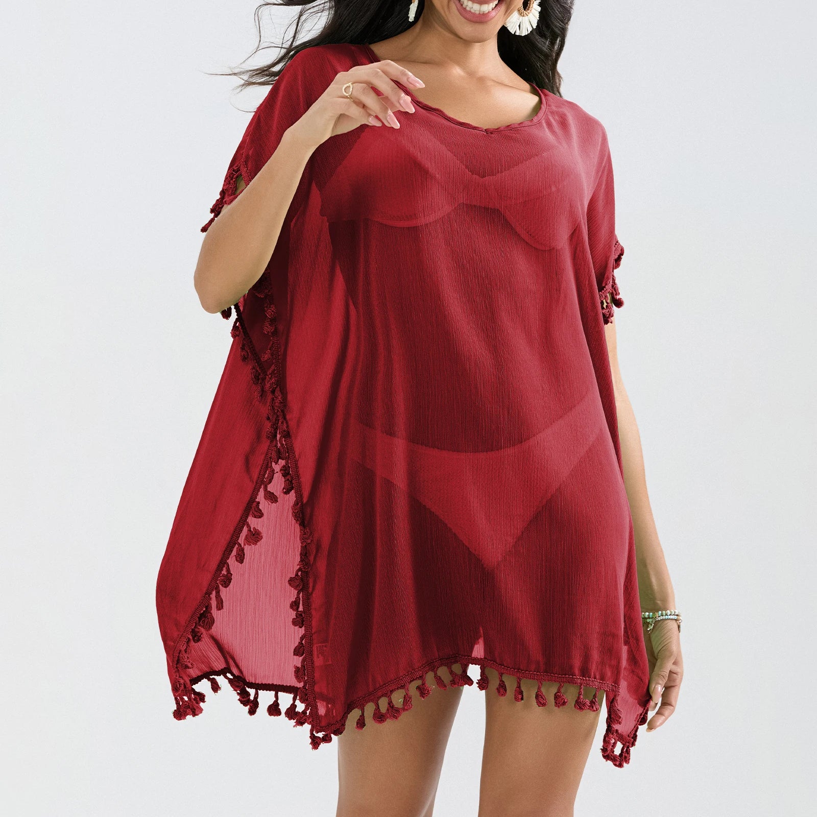 Tassel Trim Bikini Cover Up Beach Dress Women See-Through Beachwear Swimsuit Summer Mini Dress Cover-ups Sunscreen Dress