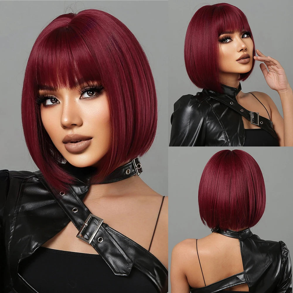 Short Ombre Blonde to Brown Straight Synthetic Wigs with Bangs Cosplay Party Women Bob Hair Wig Natural Heat Resistant Fiber