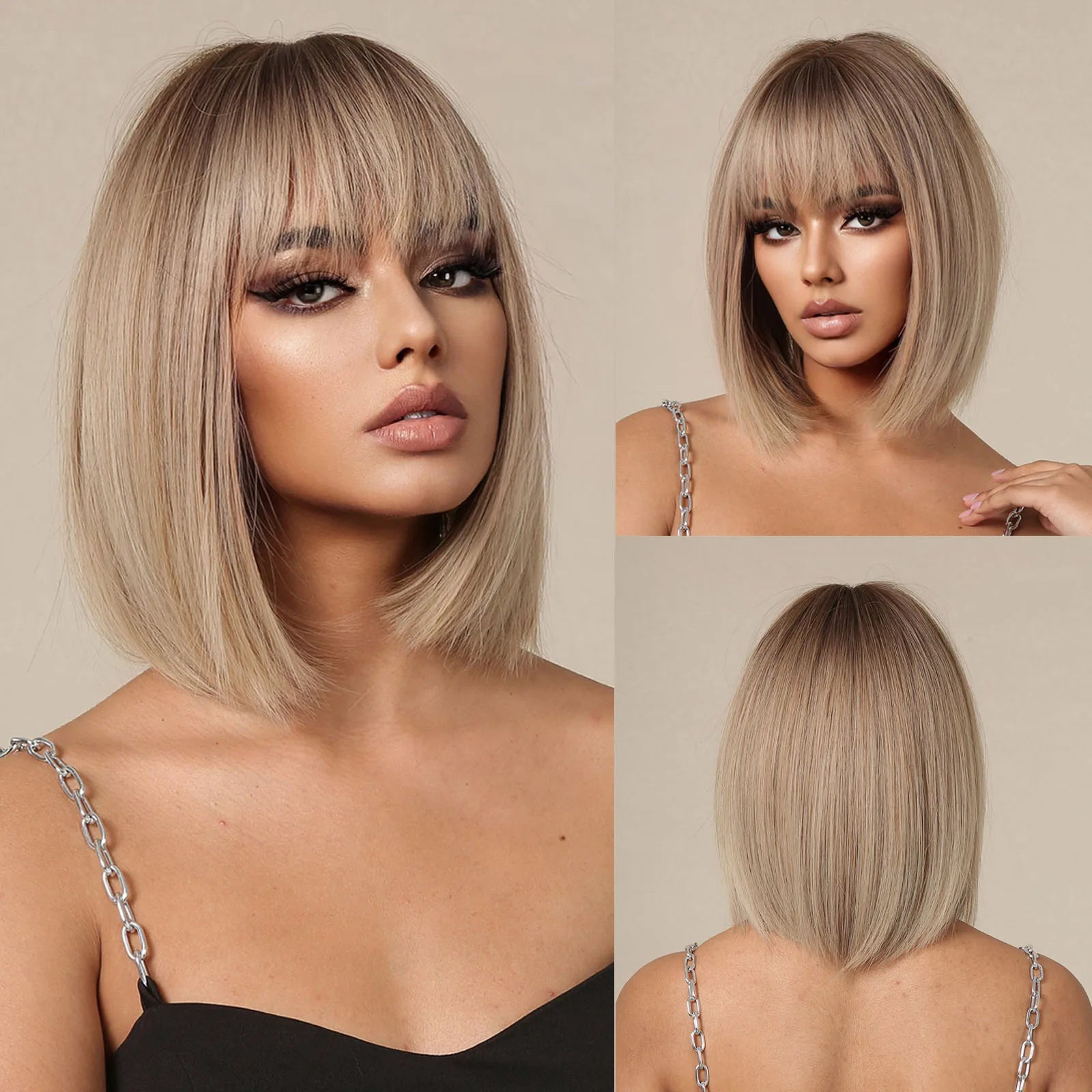 Short Ombre Blonde to Brown Straight Synthetic Wigs with Bangs Cosplay Party Women Bob Hair Wig Natural Heat Resistant Fibre