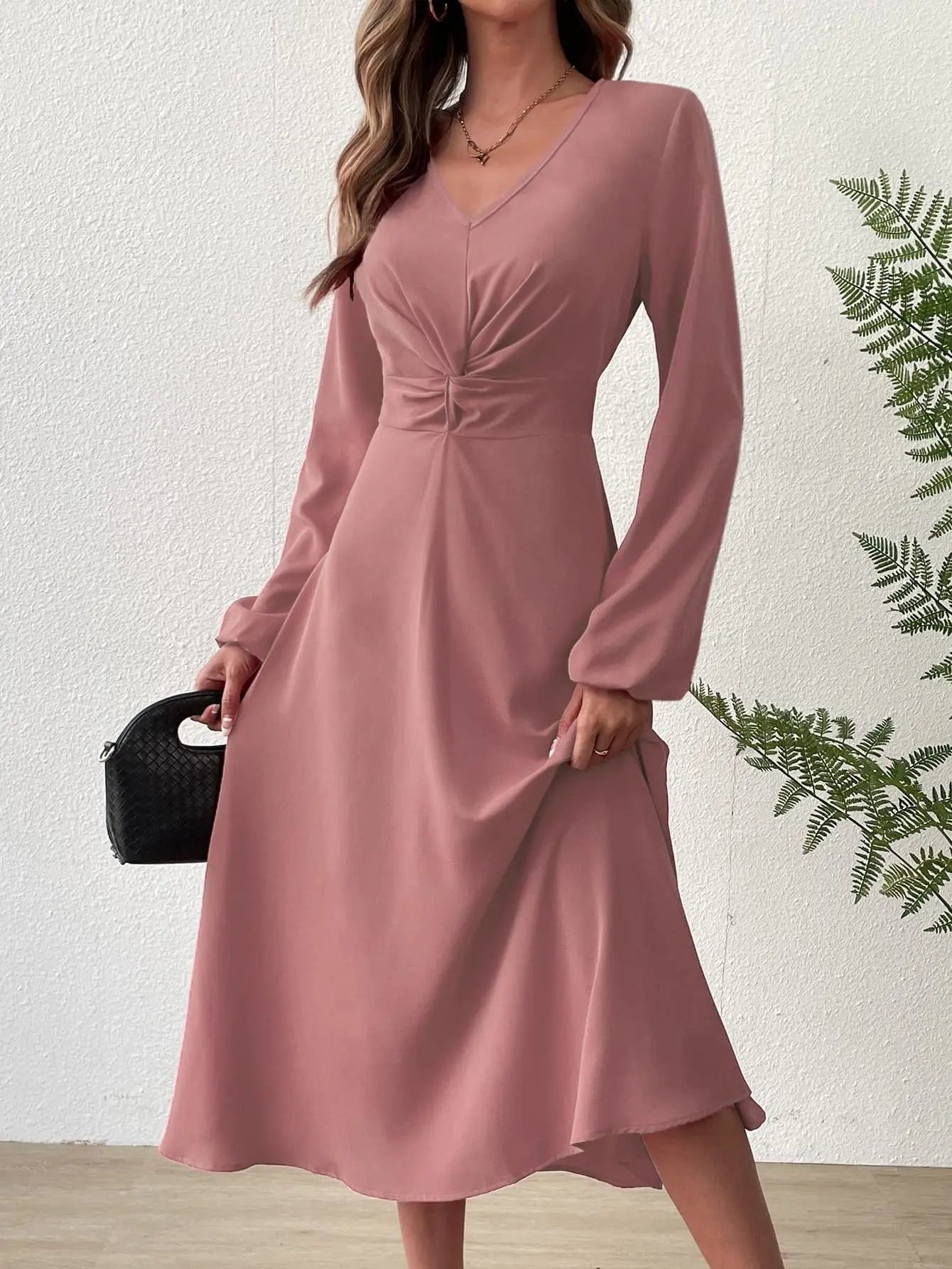Evening Dresses with V Neck Lantern Long Sleeve Twisted edge Knot Detail at Waist Midi Dress Woman 2025 New Arrival