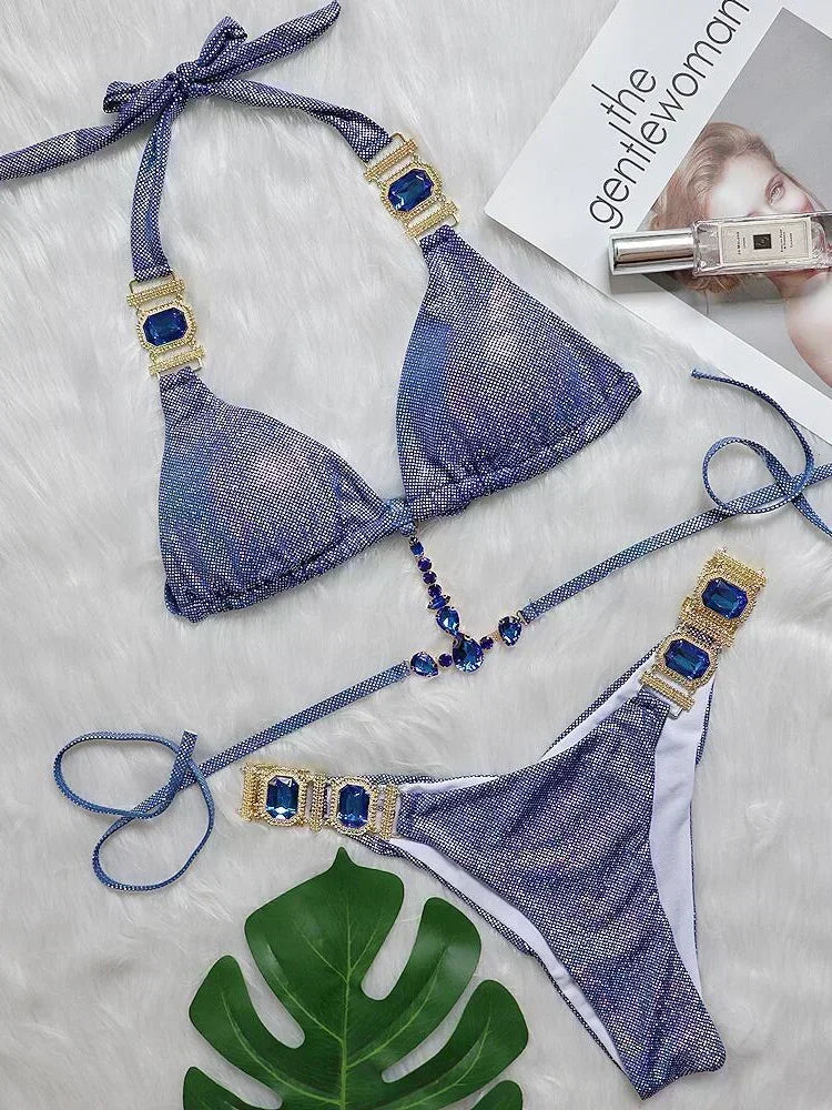 Halter Rhinestone Diamond Bikini Women Swimsuit Female Bikinis Metal Chain Swimwear Two Pieces Bikini Set Bathing Suit Swim Lady
