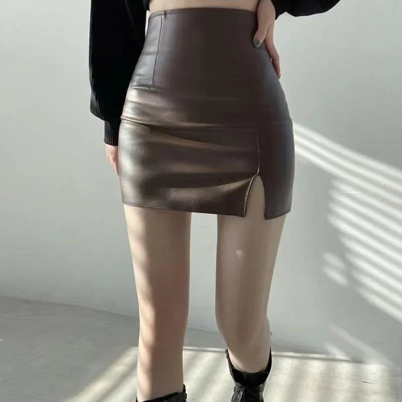 Smvp Black PU Leather Mini Skirt Women Sexy Skinny High Waist Side Split Hip Skirts Autumn New Korean Office Lady Short Skirt