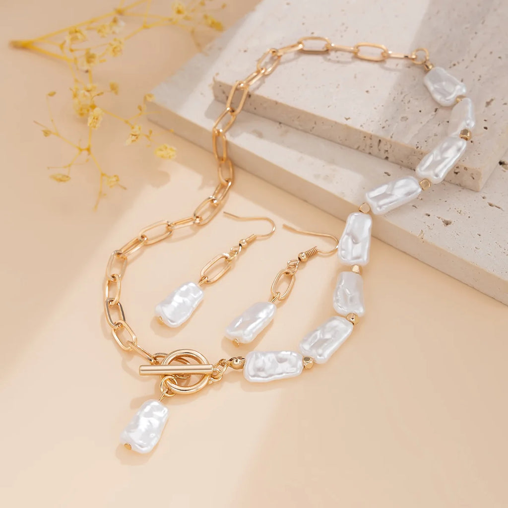 Boho Square Pearl Pendant Necklace Earrings Bracelet Set 20205 Women's Simple Gold Cross Chain Fashion Jewelry for Girls