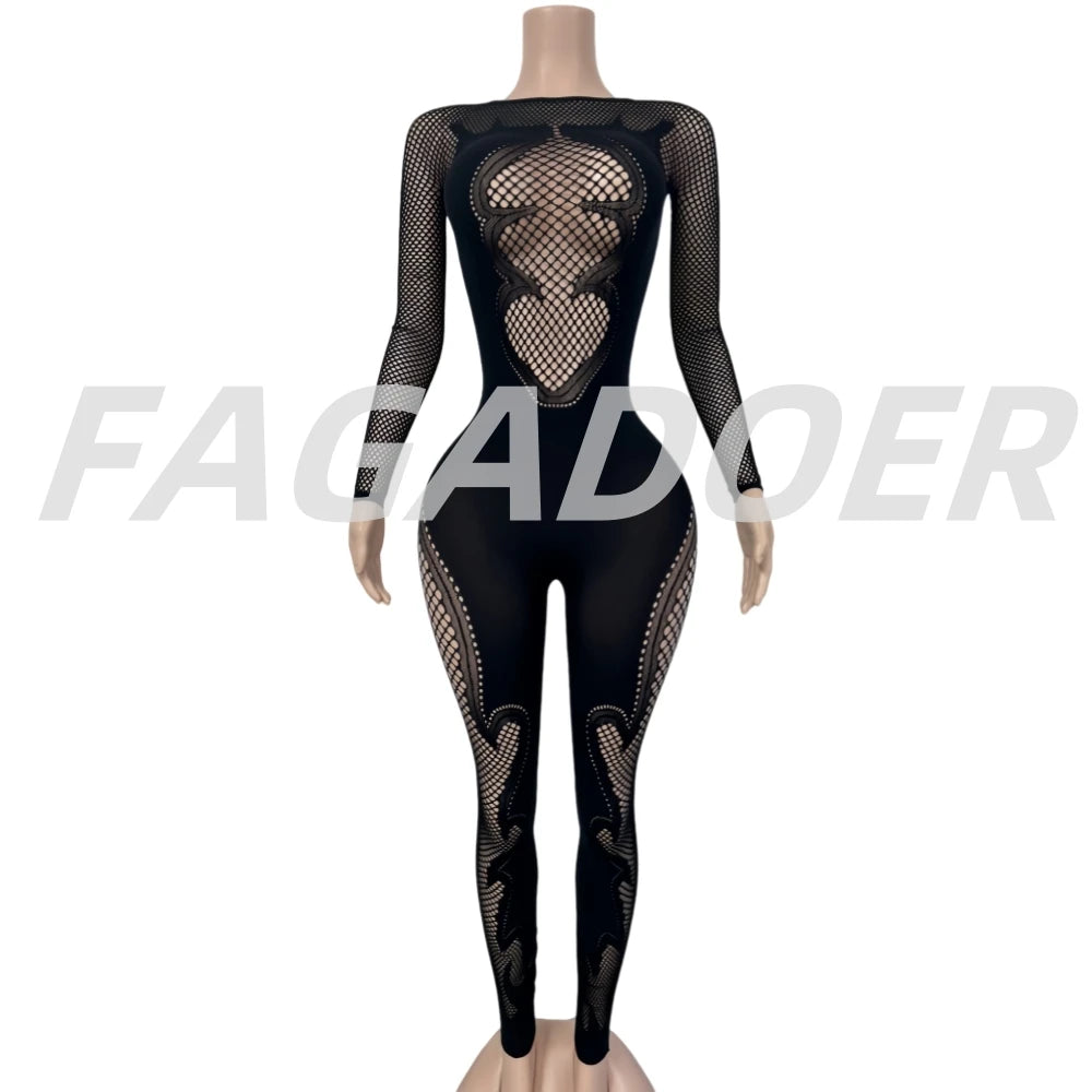 FAGADOER Y2K Sexy Quality Lace Bodycon Jumpsuit Women Long Sleeves Hollow Out See Through Romper Female Streetwear Overalls 2025
