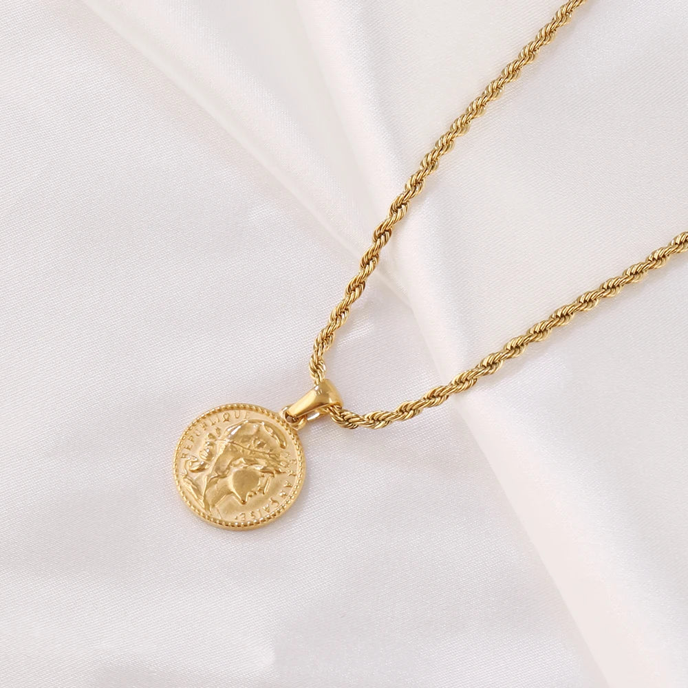 Coin Necklace For Women Stainless Steel Toggle Clasp Choker Gold/Silver Color Metal Elizabeth Coin Round Collier Femme Jewelry