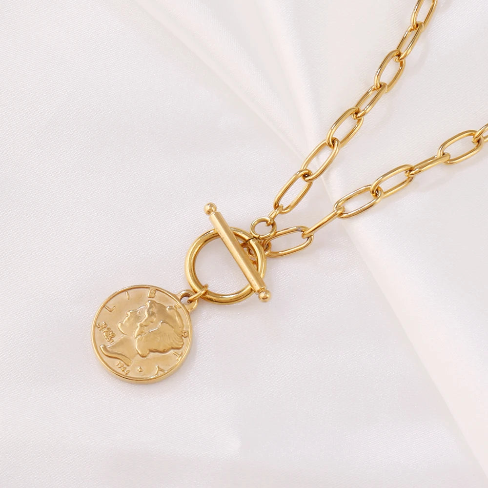Coin Necklace For Women Stainless Steel Toggle Clasp Choker Gold/Silver Color Metal Elizabeth Coin Round Necklace Femme Jewelry