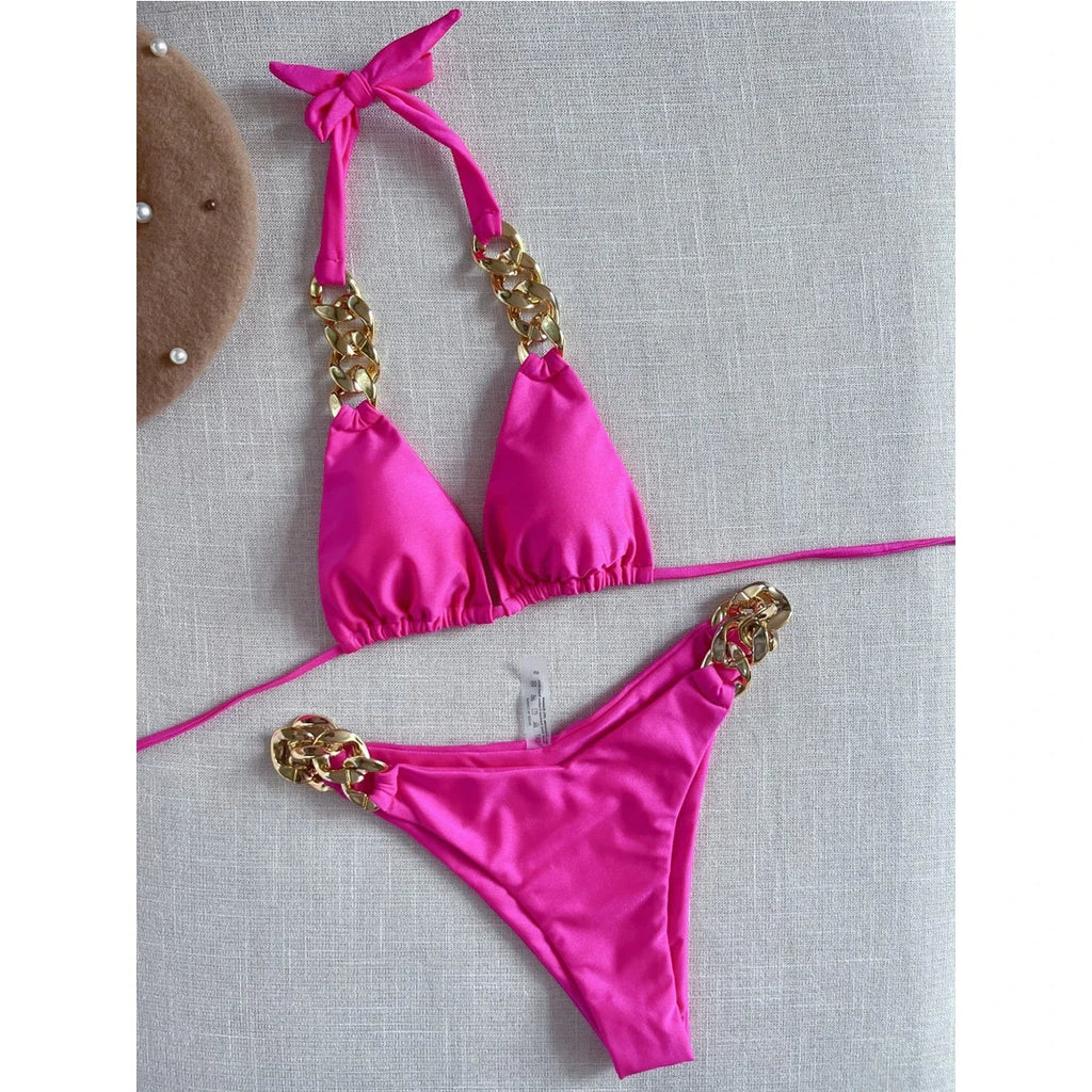 2025 Solid Color Swimsuit Women Two Piece Chain Bikini Sexy V-neck Halter Lace-up Swimwear Low Waist Thong Beach Bathing Suit