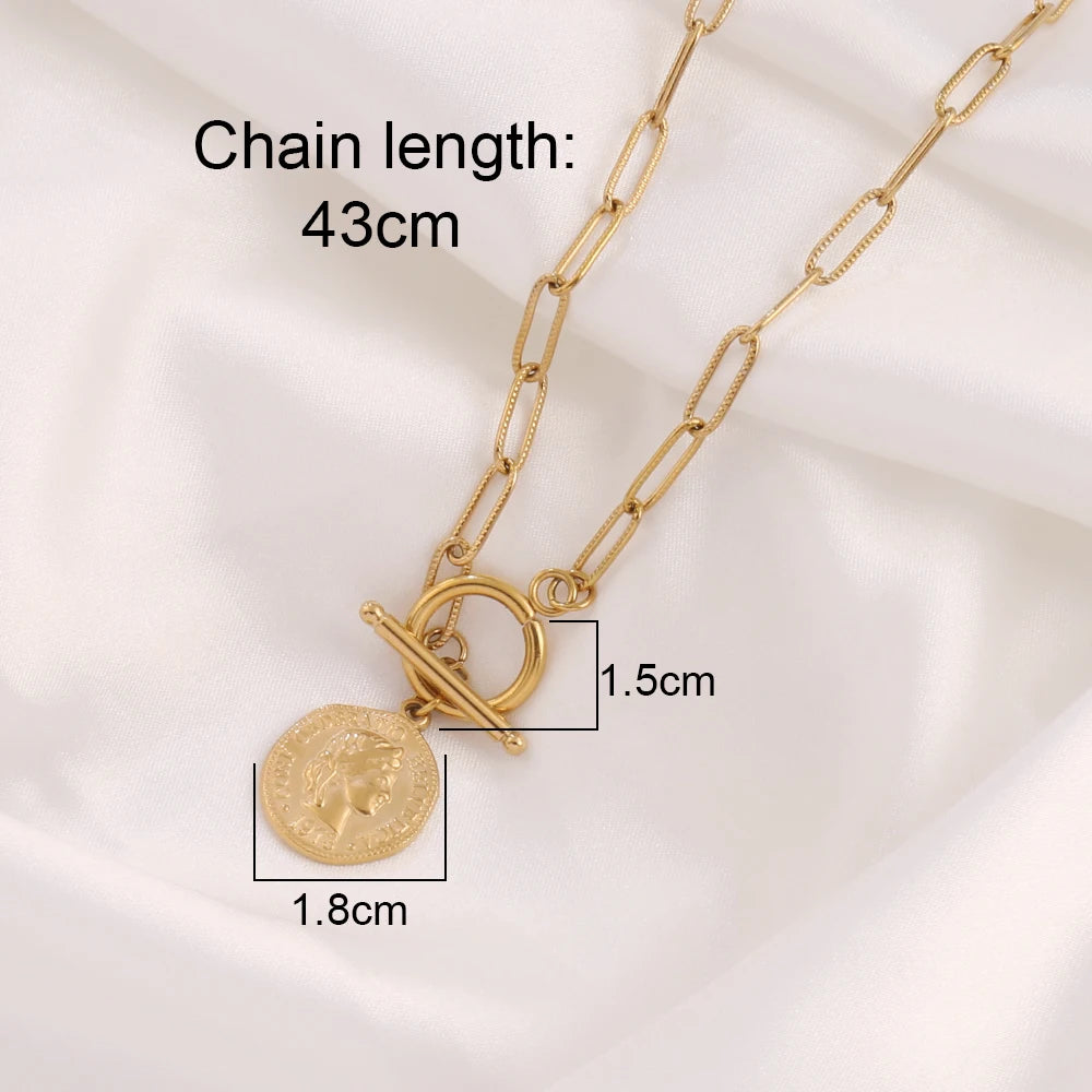 Coin Necklace For Women Stainless Steel Toggle Clasp Choker Gold/Silver Color Metal Elizabeth Coin Round Necklace Femme Jewelry