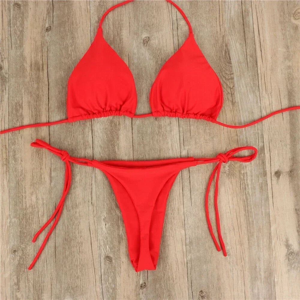 Women's Thong Bikini Set Side Tie Sexy Swimsuit Bandage Style Brazilian Swimwear Bikini 2022 Woman Solid Color Beach Swimwear