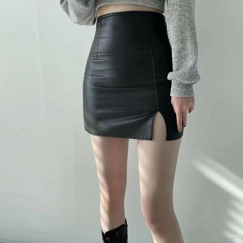 Smvp Black PU Leather Mini Skirt Women Sexy Skinny High Waist Side Split Hip Skirts Autumn New Korean Office Lady Short Skirt