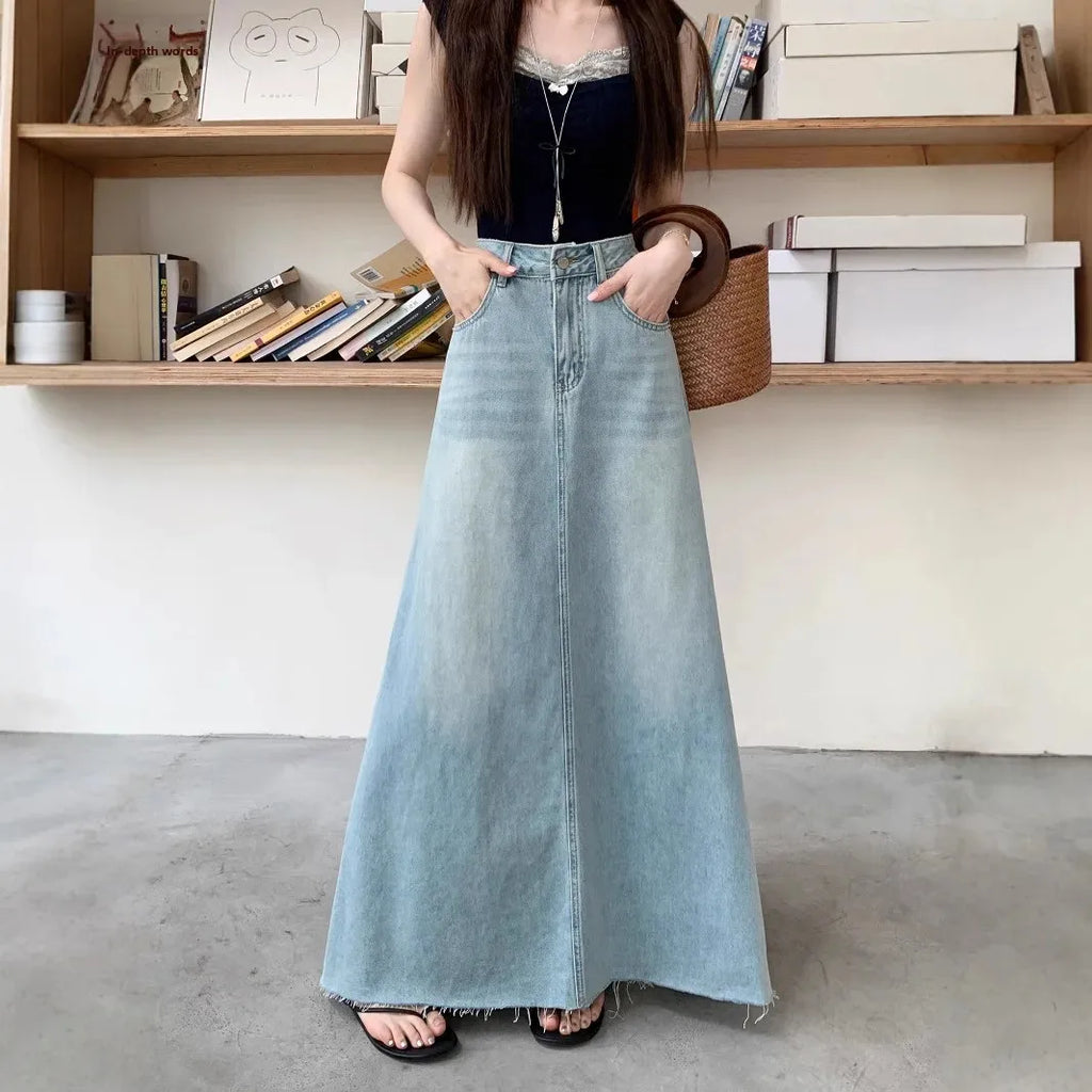 American Retro Torn Denim Mini Skirt Women's Spring New Large Size Long A- Line Loose Slimming Bodycon Skirt