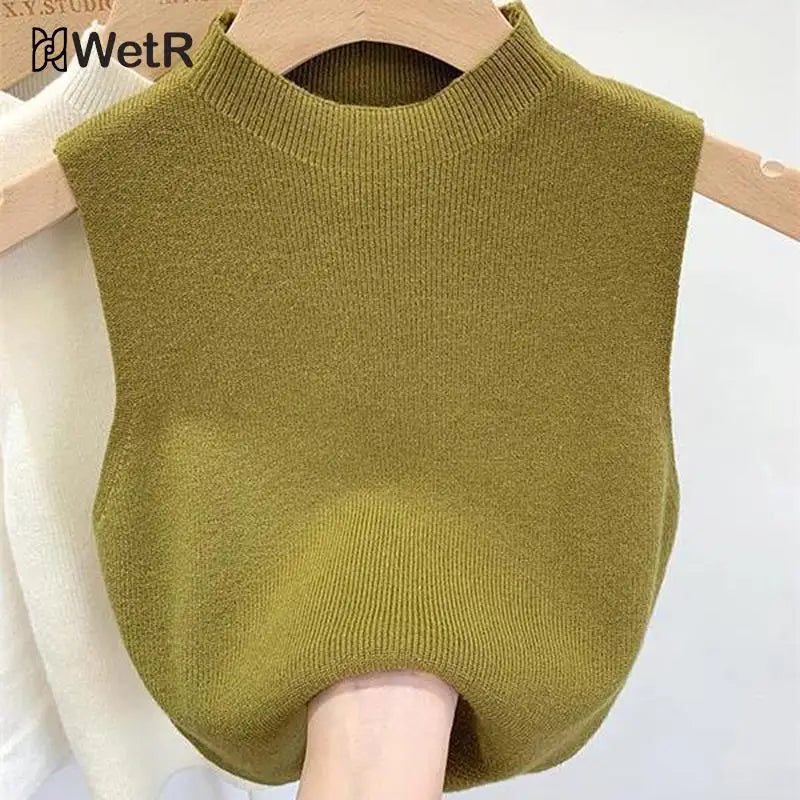 Fashion Half Turtleneck Knitted Tank Top Summer Women Casual Solid Color Sleeveless Vest spring and autumn