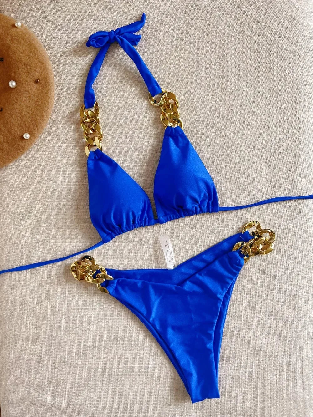 2025 Solid Color Swimsuit Women Two Piece Chain Bikini Sexy V-neck Halter Lace-up Swimwear Low Waist Thong Beach Bathing Suit