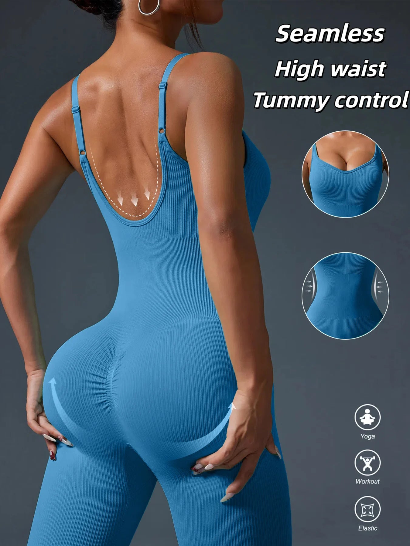 Solid Color Seamless Sport Yoga Jumpsuit Sexy Back-u Bodycon Workout Clothes for Women Outfit Fitness Gym Sportwear Tracksuit