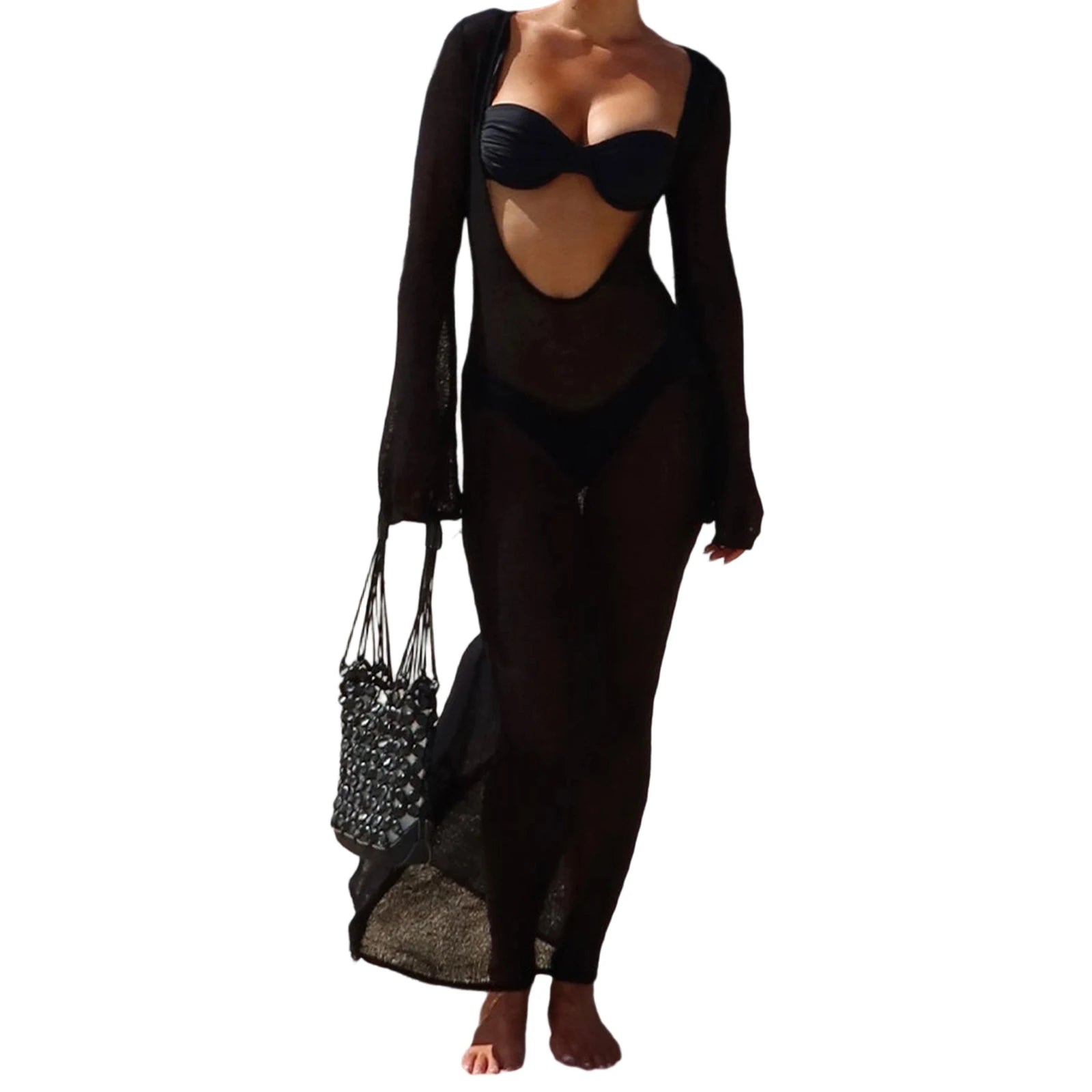 Women Vintage Summer Beach Cover Up Solid See-Through Long Sleeve Swimsuit Coverup Bathing Suit Cover Ups Bodycon Long Dresses
