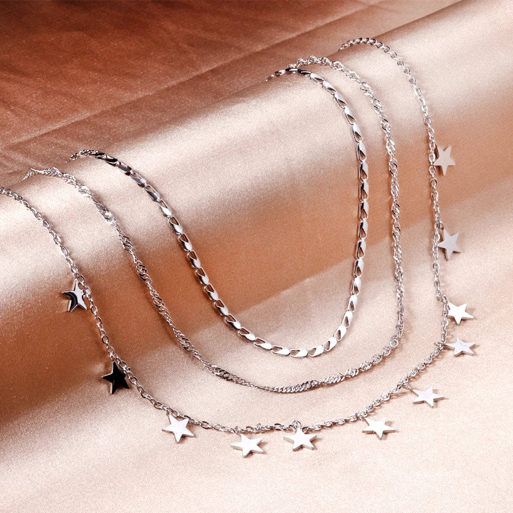 LUXUKISSKIDS Triple Chain Necklace For Women Collar Statement Necklaces Chain Bohemia Luxury Jewelry For Party Little Star Charms