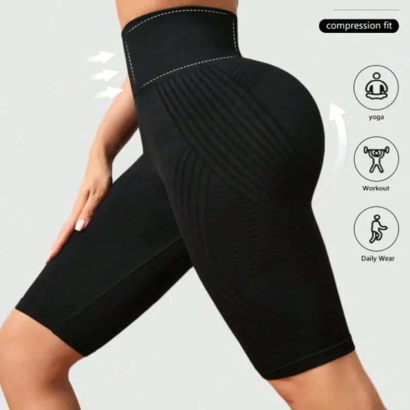 Women's Knitted Slim High Waist Seamless Yoga Shorts Workout Running Linear Aesthetic Leggings Stretchy Push Up Butt Shorts