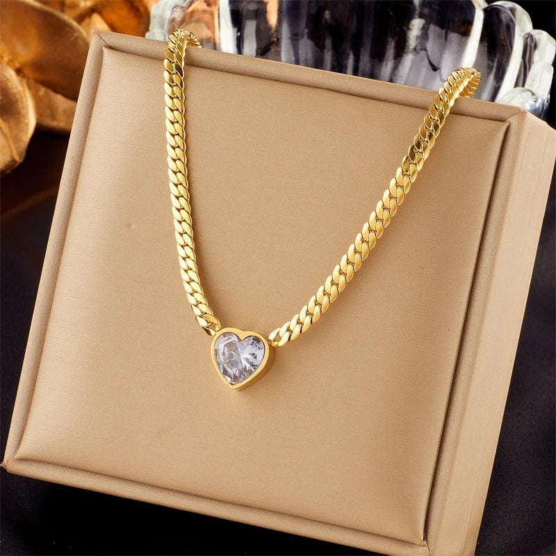 MEYRROYU 316L Stainless Steel Simple Necklace Green White Zircon Pendant Collar For Women Jewelry Collier Acero Inoxidable Mujer