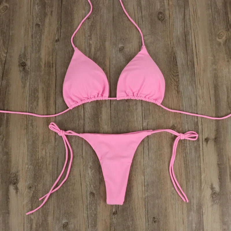 Women Thong Bikini Set Side Tie Sexy Swimsuit Bandage Style Brazilian Swimwear Bikini 2022 Woman Solid Color Beach Swimwear