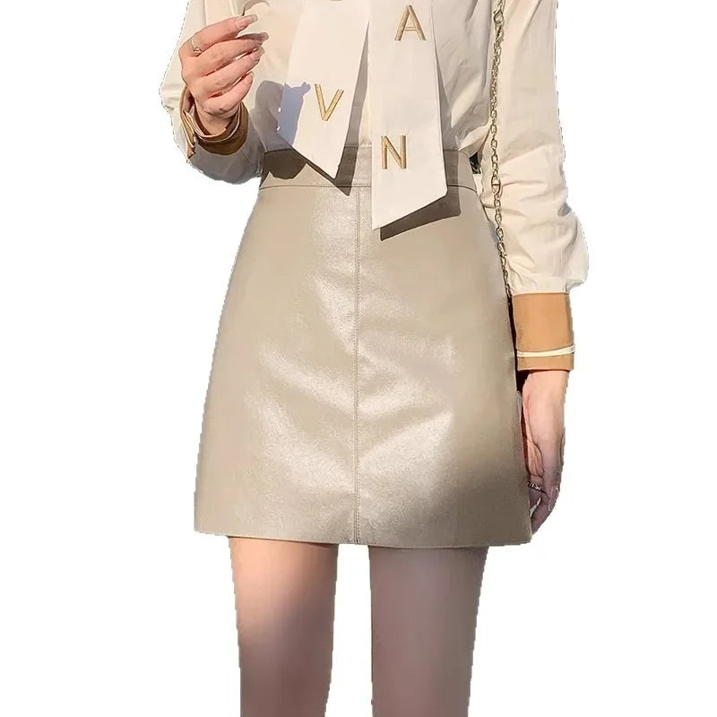 High Waist A- Line Mini Skirt for Women Early Spring PU Leather Short Skirt Slimming Effect Spring Fashion Polyester Fiber