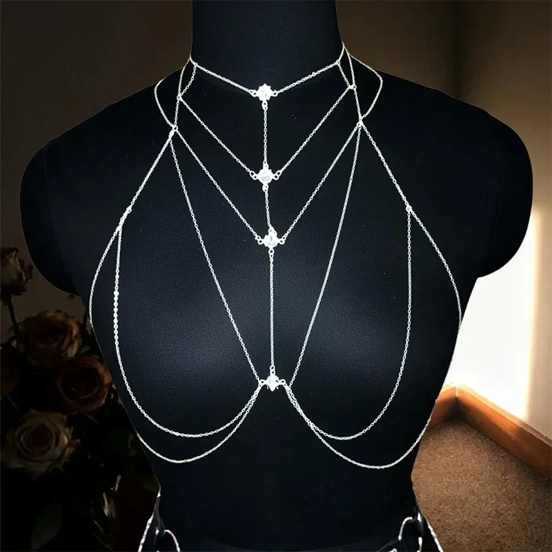 Ladies' Luxurious Body Chain, Diamond-Shaped with Square Rhinestones, Accentuating the Collarbone, Versatile and Fashionable Style