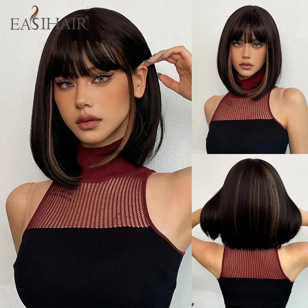 Short Ombre Blonde to Brown Straight Synthetic Wigs with Bangs Cosplay Party Women Bob Hair Wig Natural Heat Resistant Fibre