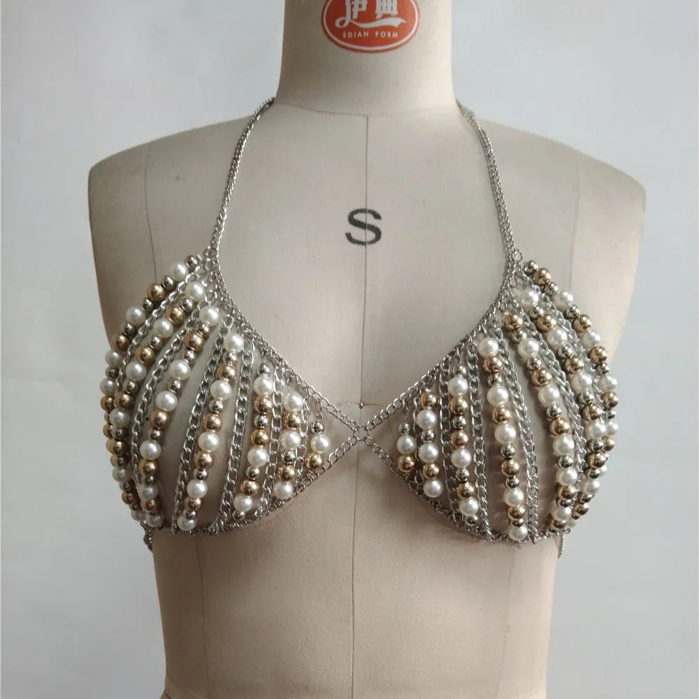 New Punk-Style Pearl Halter Top With Adjustable Bra Chain Layered Top. Niche Design Y2k Millennial Hot Girl Beaded Body Chain