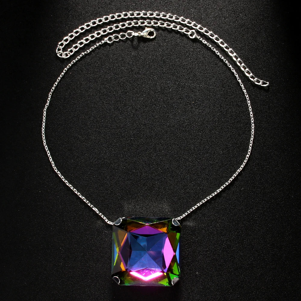 Colorful Oversize Square Necklace Chain Crystal Choker for Women 2024 Trendy Large Geometric Pendant Necklace Statement Jewelry