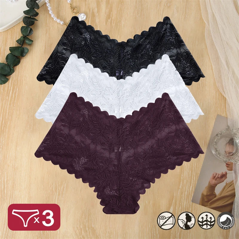 3PCS Women Sexy Lace Panties Floral Perspective Uderwear Solid Color Intimates Boyshort Female V-Waist Breathablle Soft Lingerie