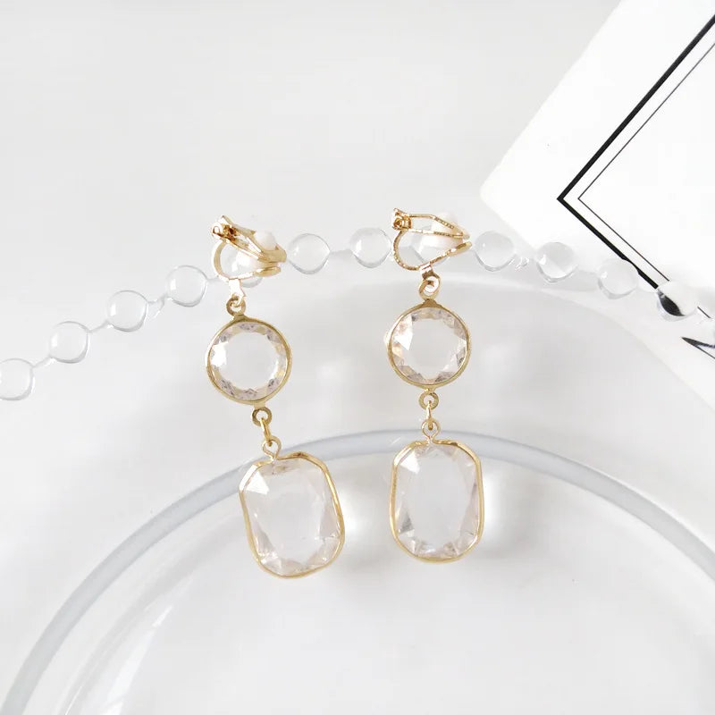 French Women Elegant Transparent Round and Square Crystals Resin Geometric Clip Earrings No pierced ear clip boucle d'oreille