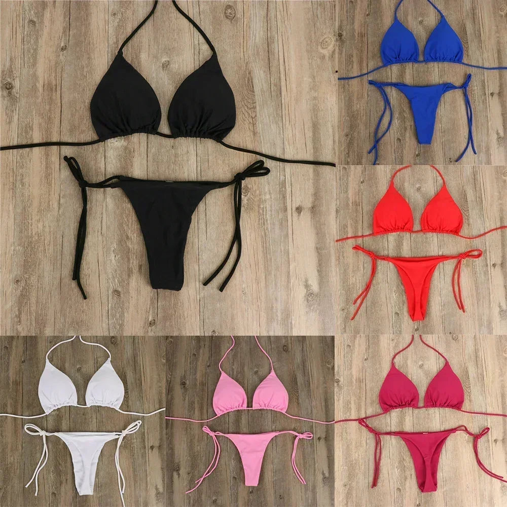 Women's Thong Bikini Set Side Tie Sexy Swimsuit Bandage Style Brazilian Swimwear Bikini 2022 Woman Solid Color Beach Swimwear