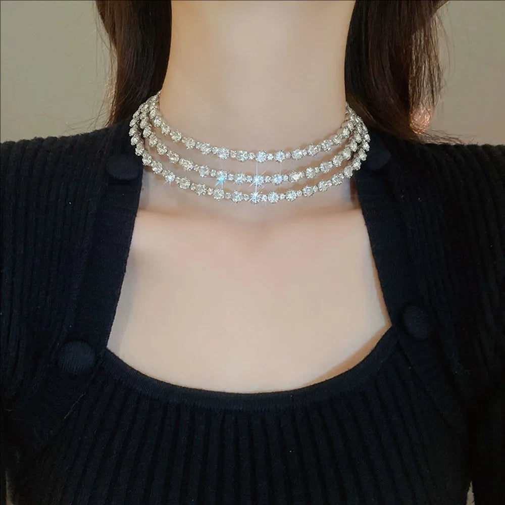 Multi-layer Crystal-encrusted Collar Necklace Unique Clavicle Chain Fashionable Light Luxury and High-end Jewelry