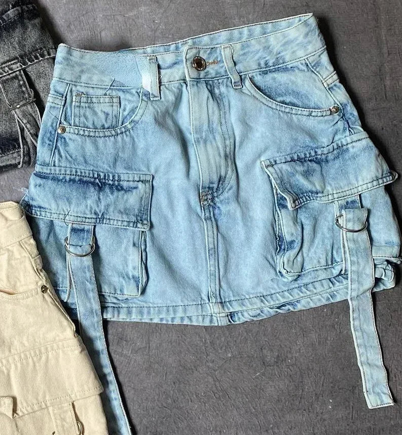 Vintage Multi-pocket Goth Skirt for Women Clothing Street Fashion Harajuku Y2k Skirt Jean Casual Summer Denim Black Skirt