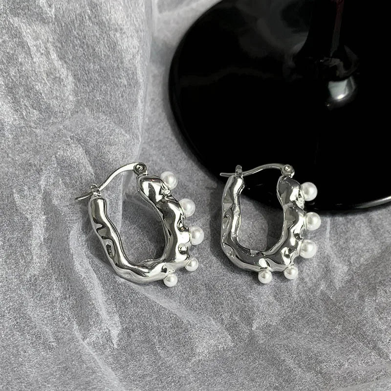 Foxanry French U-Shaped Pearl Ear Buckle For Women Vintage Fashion Elegant Hoop Earrings Prevent Allergy New Jewelry Gift Party