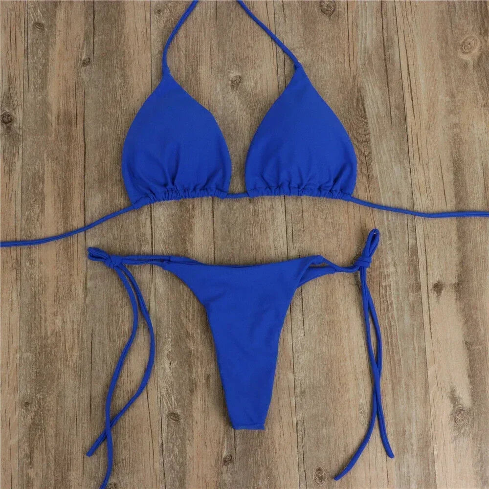 Women's Thong Bikini Set Side Tie Sexy Swimsuit Bandage Style Brazilian Swimwear Bikini 2022 Woman Solid Color Beach Swimwear
