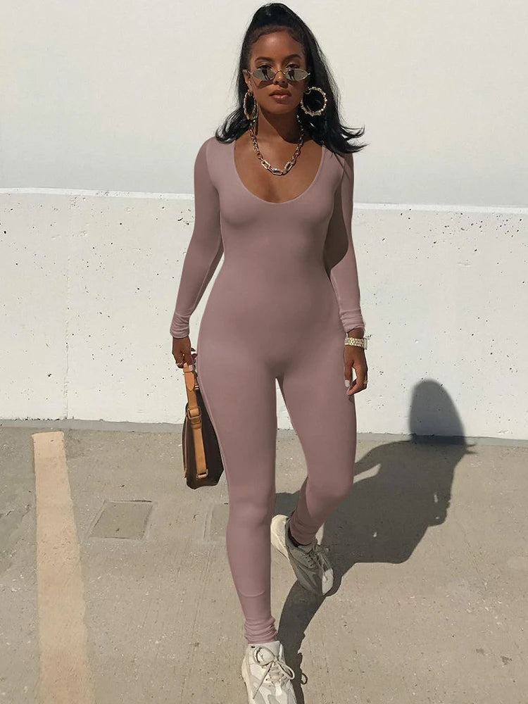 Hugcitar 2025 Square Collar Solid Long Sleeve Stretchy Bodycon Jumpsuits Winter Women Fashion Romper Streetwear Sport Wholesale