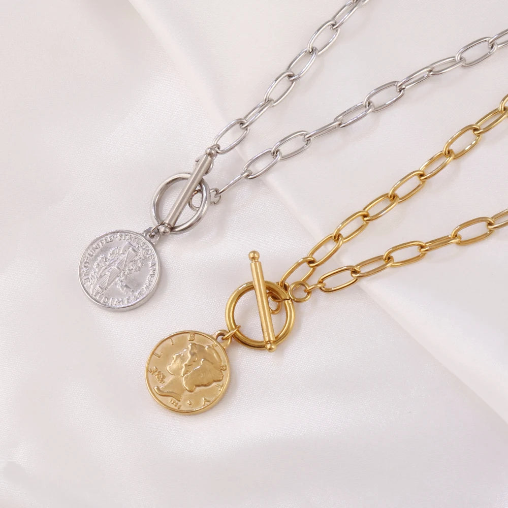 Coin Necklace For Women Stainless Steel Toggle Clasp Choker Gold/Silver Color Metal Elizabeth Coin Round Collier Femme Jewelry