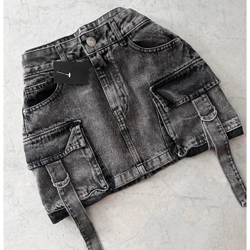 Vintage Multi-pocket Goth Skirt for Women Clothing Street Fashion Harajuku Y2k Skirt Jean Casual Summer Denim Black Skirt