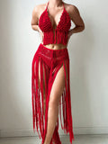Women Floral Crochet Flower Long Tassel Bikini Set Summer Swimwear Halter Neck String Tie Bottom High Waist Cover Up Swimsuit