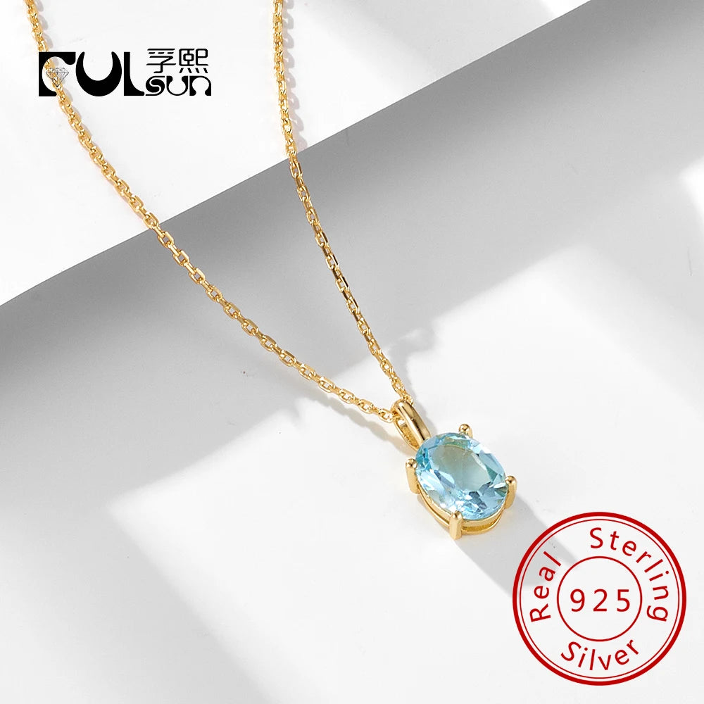 925 Sterling Silver Necklace Topaz Blue Crystal Heal Stone Oval Cut Pendant Necklaces