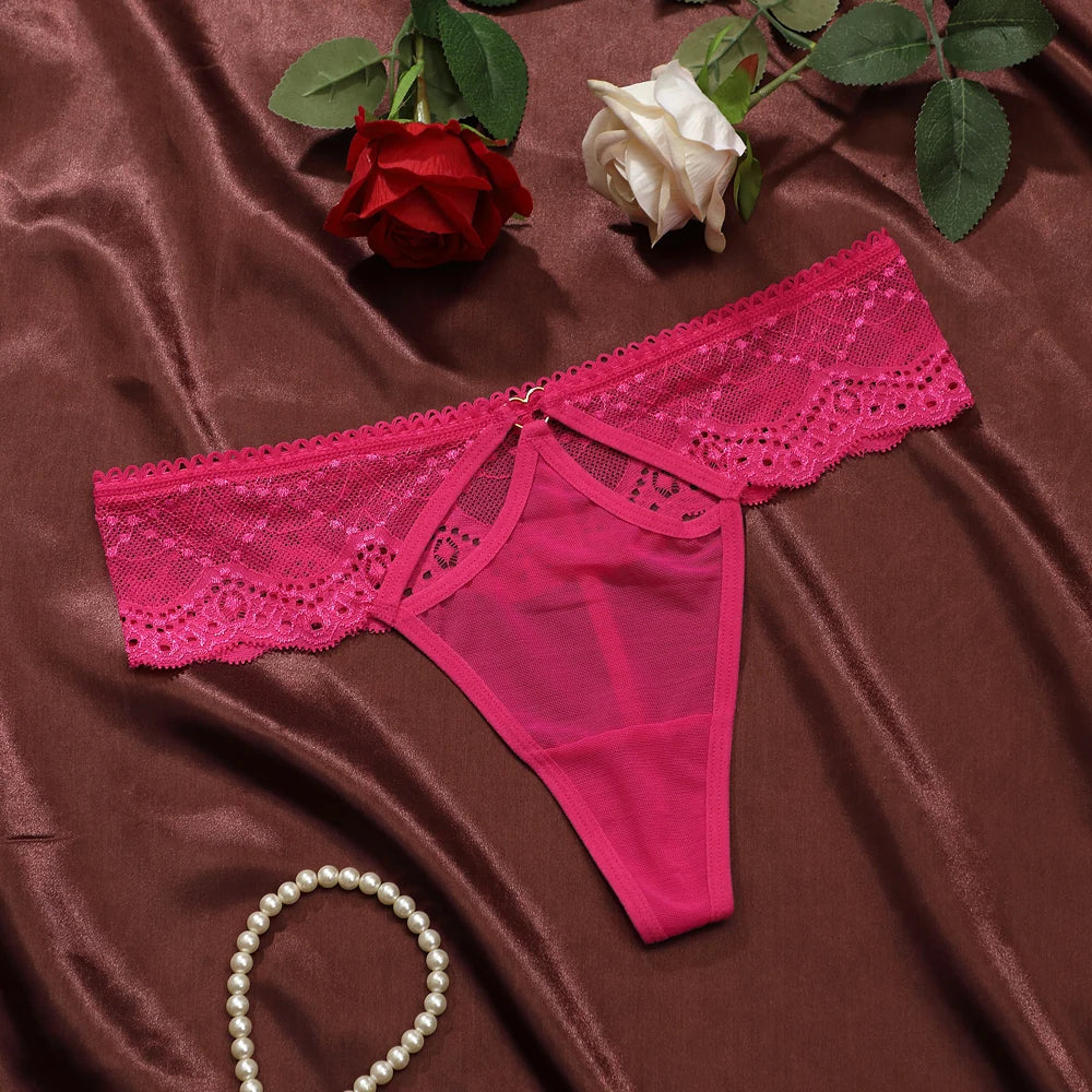 Sexy Women Flower Embroidery Open Hole Thong Transparent Lace-Trim Underwear Low Waist Perspective Women's Panties